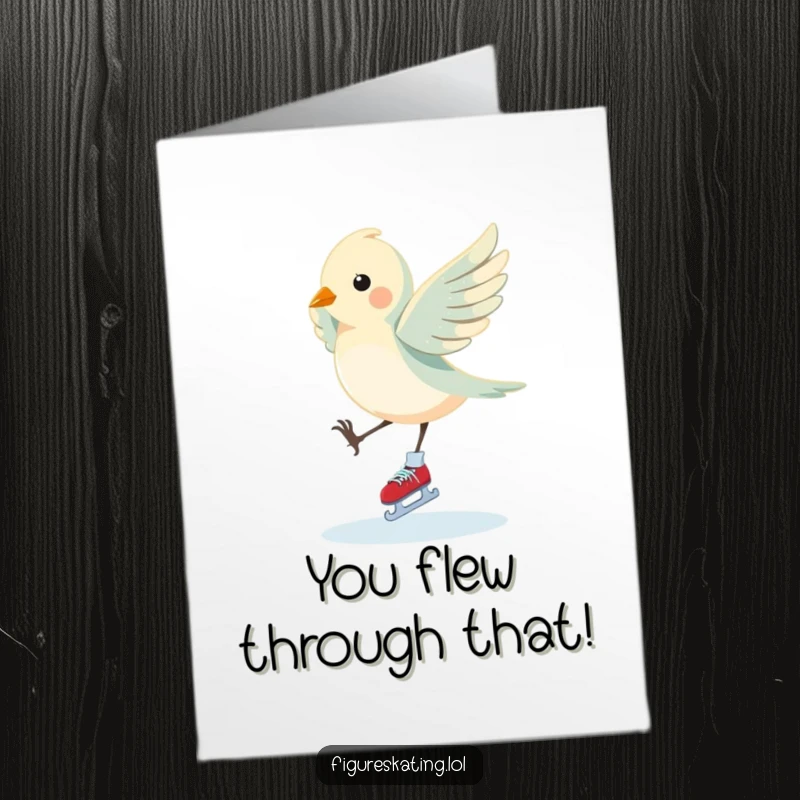 Funny Free Printable Congratulations Card: Graceful bird performing an elegant pirouette on ice skates, celebrating.