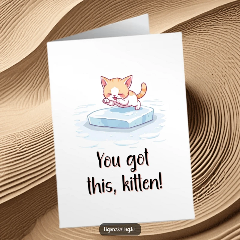 Funny Free Printable Congrats Card: A playful kitten in a dynamic pounce pose on the ice, celebrating success.