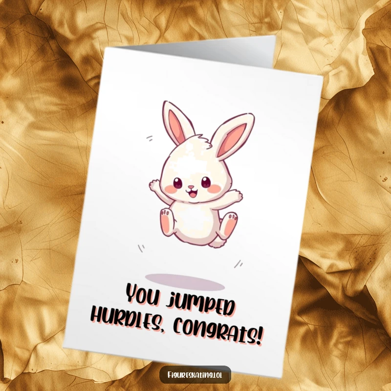 Funny Free Printable Congratulations Card: A fluffy bunny mid-wobbly triple jump, celebrating success.
