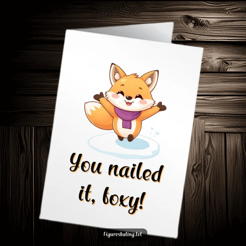 Funny Free Printable Congrats Card: A joyful fox gliding on ice, celebrating a big win with outstretched arms.