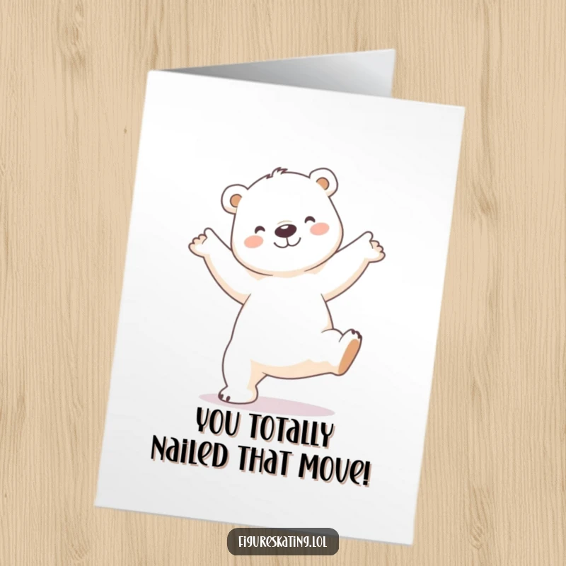 Funny Free Printable Polar Bear Congratulations Card a polar bear in an arabesque pose, celebrating a win, downloadable.