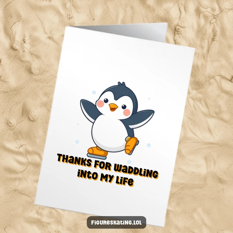 Funny Free Printable Penguin Thank You Card a happy penguin ice skating and saying thanks, a funny downloadable gift.