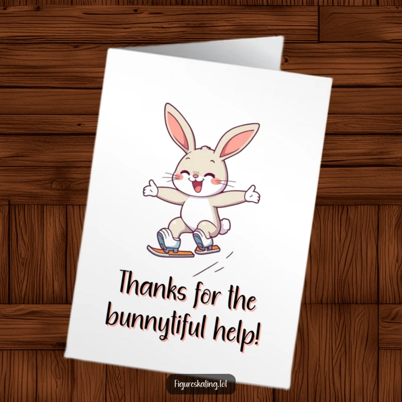 Funny free printable thank you card of a determined bunny executing a graceful jump on skates, expressing sincere thanks.