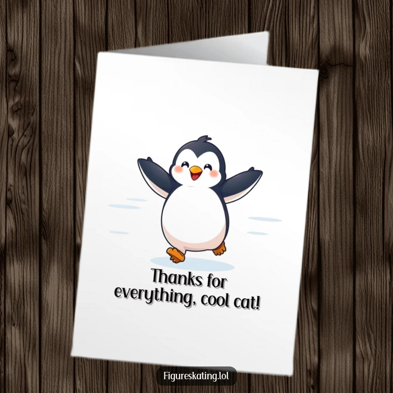 Funny Free Printable Thank You Card: Delighted penguin gliding across ice with arms outstretched, thankful and happy, downloadable art.