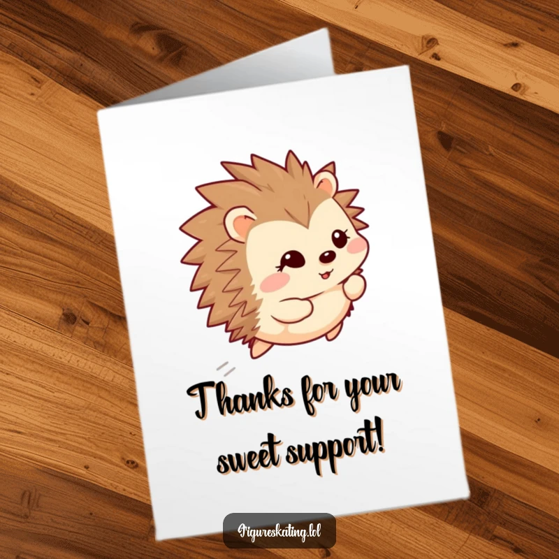 Funny Free Printable Thank You Card: A happy hedgehog glides backward with a shy smile, expressing thanks. Print at home.