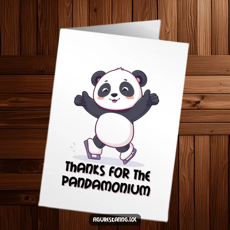 Funny Free Printable Thank You Card: Panda shuffling joyfully on tiny ice skates, conveying thanks.