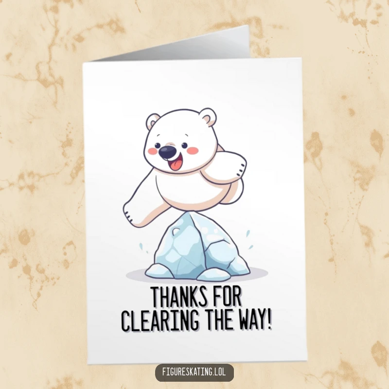 Funny Free Printable Thank You Card: A determined polar bear energetically leaping over a small ice sculpture.