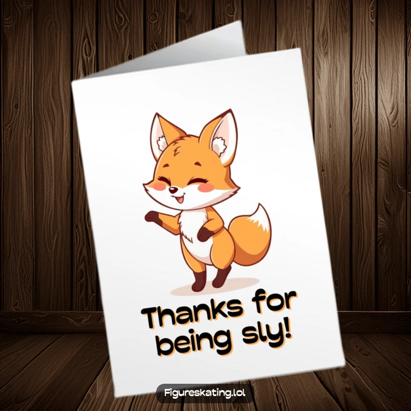 Funny Free Printable thank you card shows a playful fox doing a delightful pirouette with a wink, perfect for thanking someone.