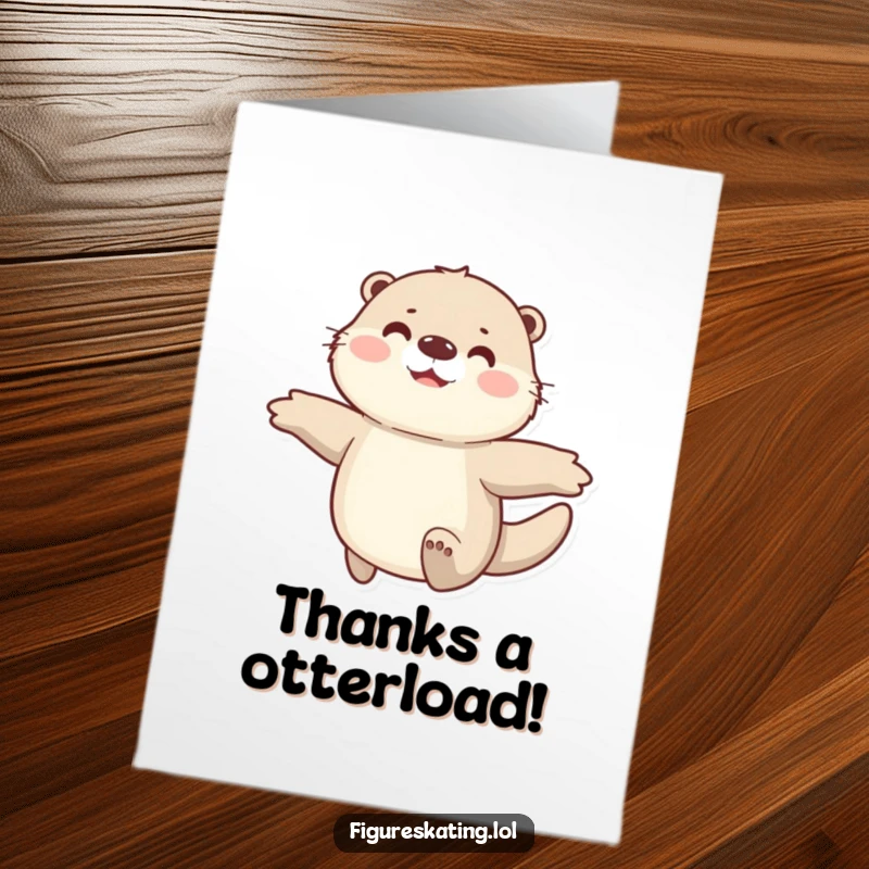 Funny free printable thank you card featuring a happy, fluffy otter gliding with arms spread wide, expressing heartfelt thanks.