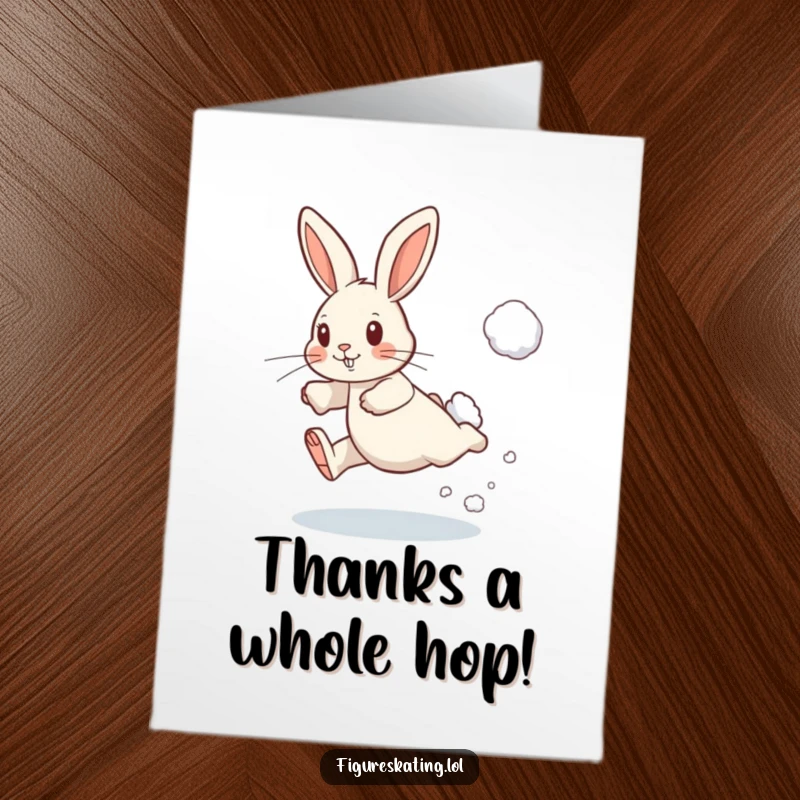 Funny Free Printable Thank You Card: A determined rabbit leaps through snow, conveying energetic thanks with a smile.