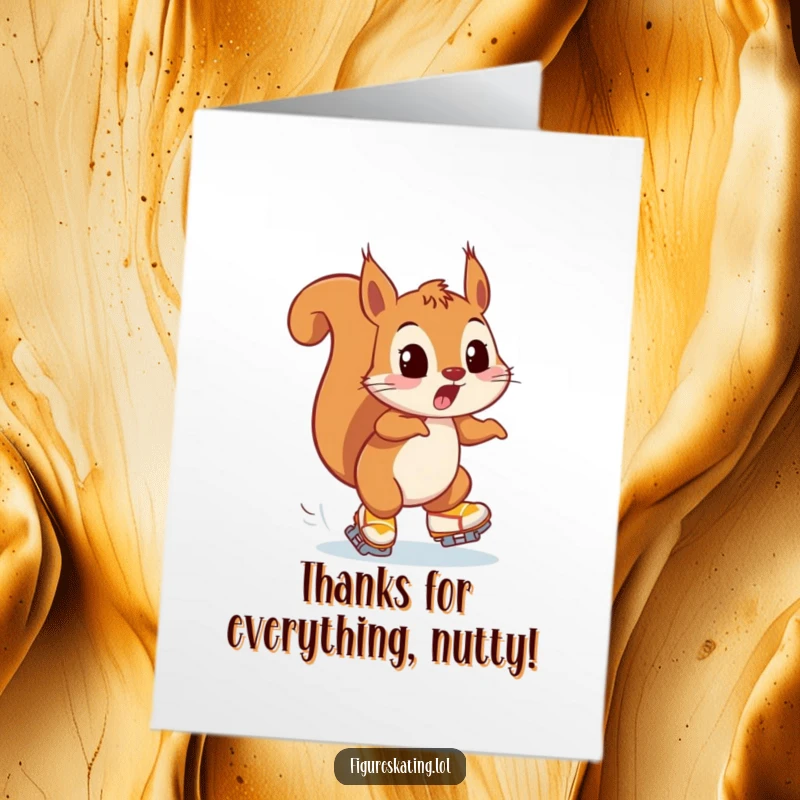 Funny free printable thank you card of a surprised squirrel comically avoiding a collision while skating, expressing chaotic thanks.