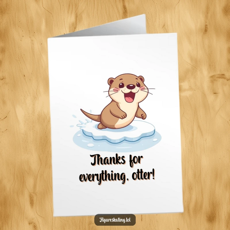 Funny Free Printable Thank You Card: An excited otter slides across the ice, leaving a trail of gratitude.