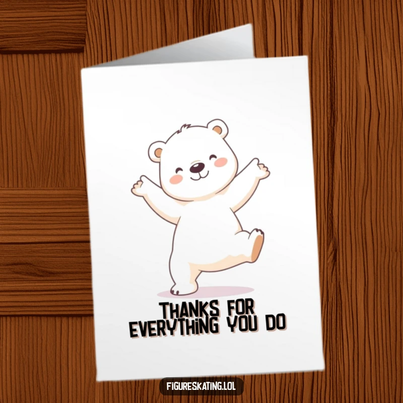 Funny Free Printable Polar Bear Thank You Card a smiling polar bear in an arabesque pose, saying thanks, downloadable.
