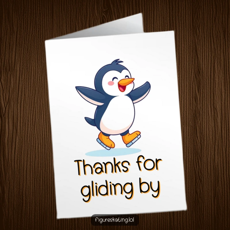 Funny Free Printable Thank You Card: a joyful penguin twirling on ice skates, a humorous and charming downloadable.