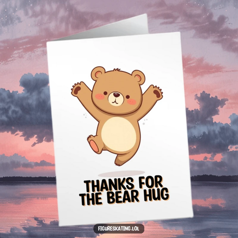 Funny Free Printable Thank You Card: A curious bear captured in a dynamic jump, expressing thanks.