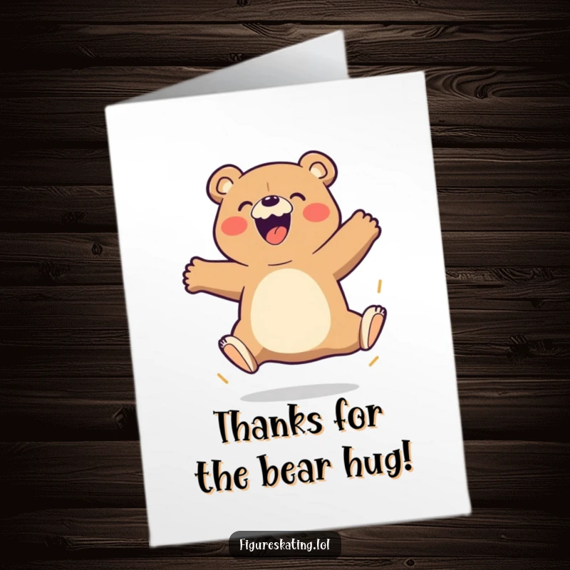 Funny Free Printable Thank You Card: A beaming bear executes a powerful triple jump, showing immense gratitude with a happy expression.
