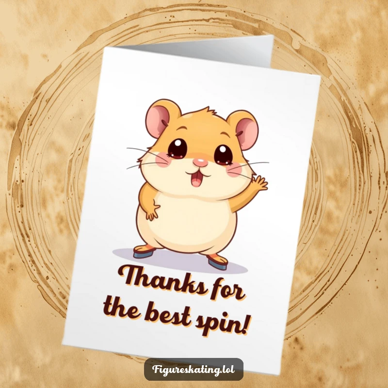 Funny Free Printable Thank You Card: A wide-eyed, plump hamster attempting a clumsy figure skating pose. A humorous DIY gift.