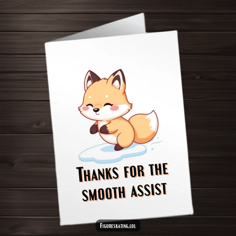Funny Free Printable Thank You Card: Fluffy fox happily gliding backwards on ice, sending thanks.