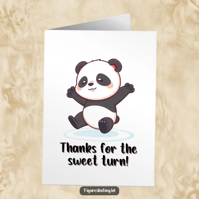 Funny Free Printable Thank You Card: A contented panda cub wobbles adorably during an ice pirouette, looking sweet.