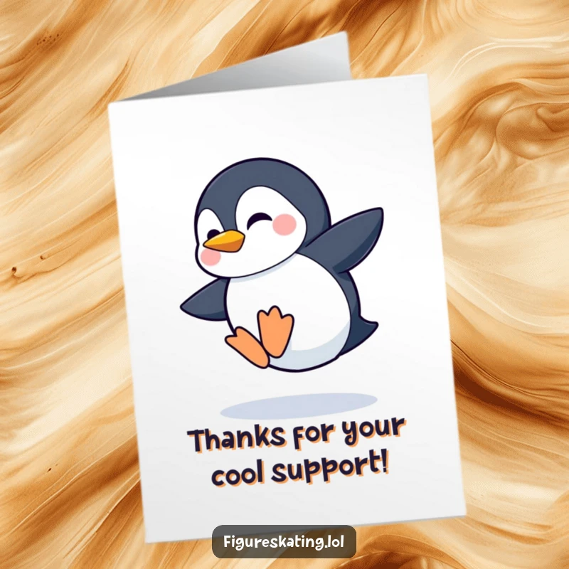 Funny Free Printable Thank You Card: A shy penguin makes a wobbly jump, its grin expressing thanks.