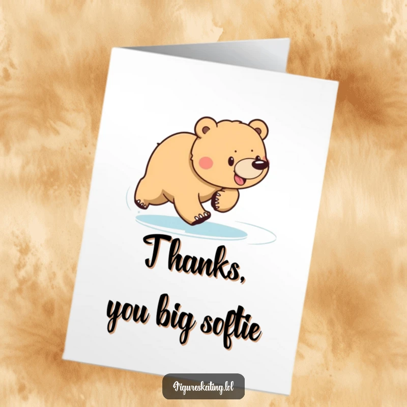 Funny Free Printable Thank You Card: Determined bear sliding gracefully across ice, conveying thanks with a playful, sweeping motion.