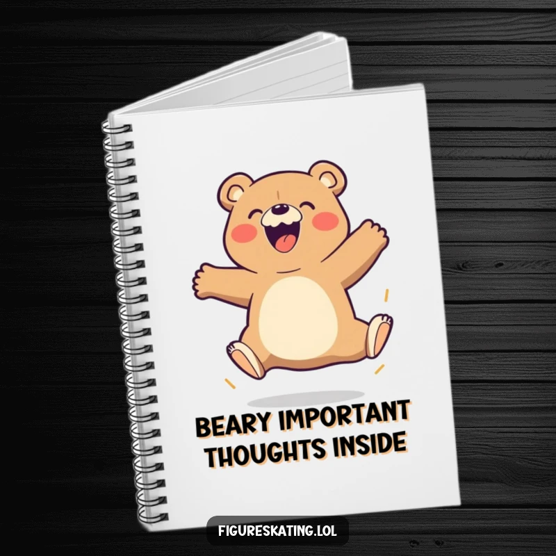 Funny Bear Notebook featuring a determined cartoon bear attempting a triple jump with gusto, perfect for note-taking.