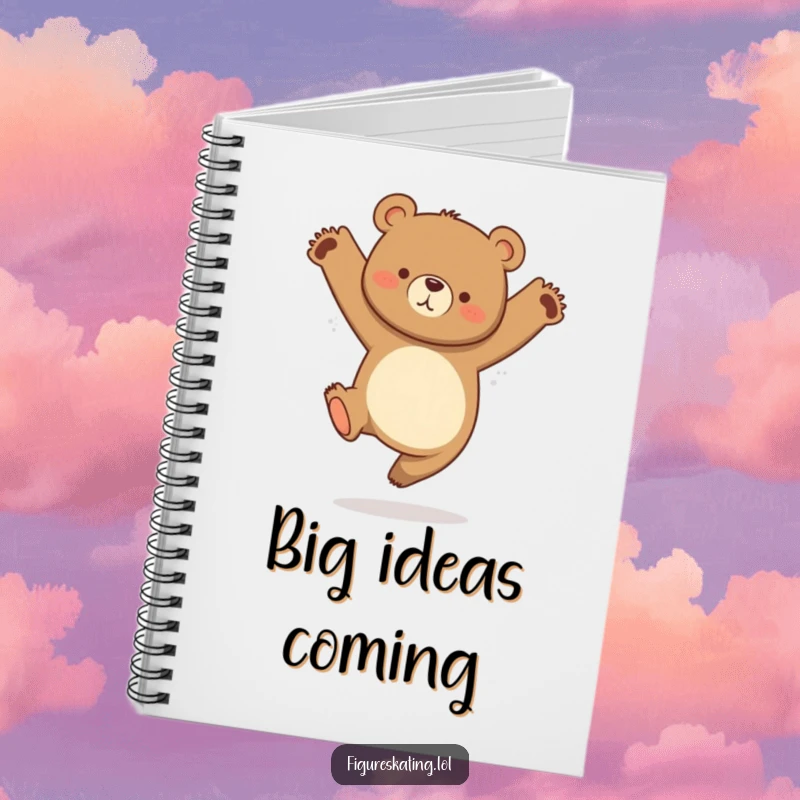 Funny notebook with a curious bear in a graceful jump with tucked legs, ideal for jotting notes.