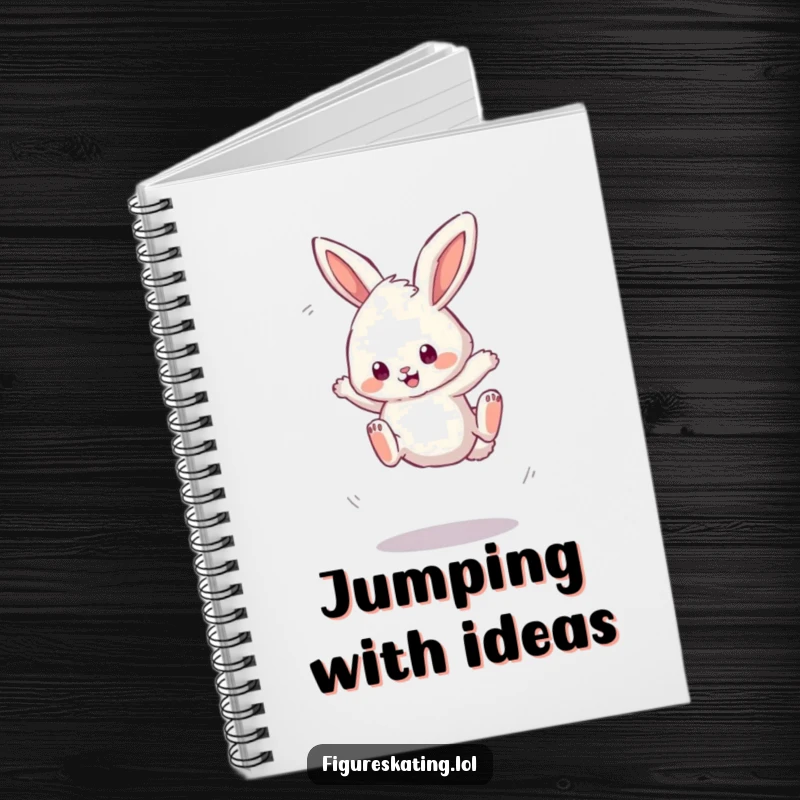 Funny notebook with a fluffy bunny attempting a wobbly triple jump, inspiring energetic thoughts and creative writing.