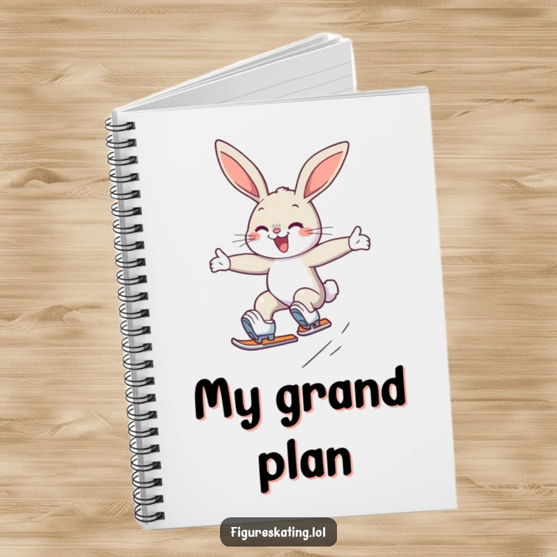 Funny notebook with a determined, smiling bunny gracefully jumping on ice skates, perfect for jotting down ideas.