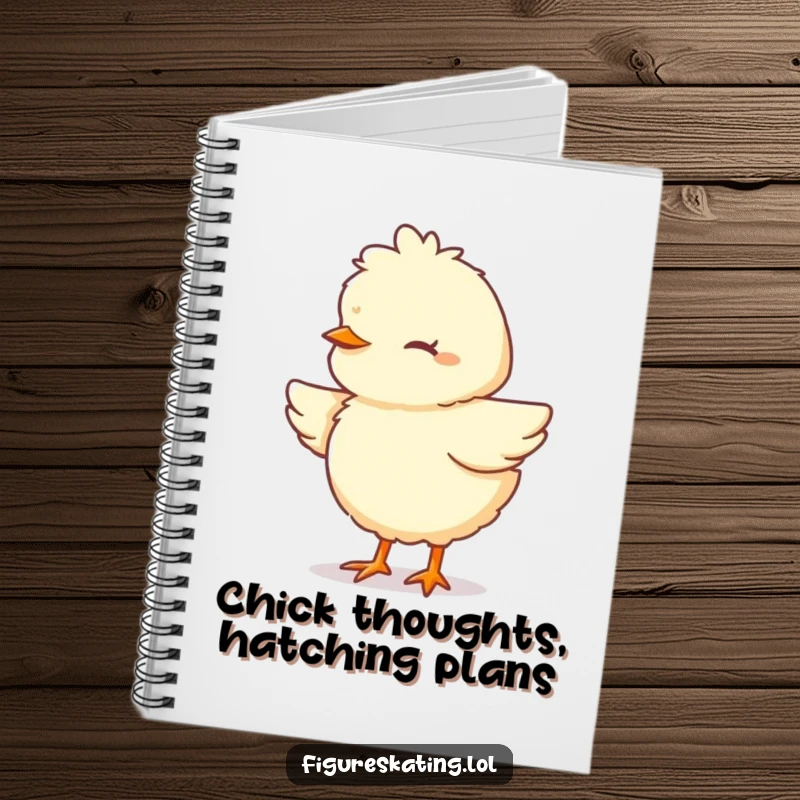 Funny Chick Notebook featuring a fluffy cartoon chick pirouetting with eyes closed in concentration, perfect for note-taking.