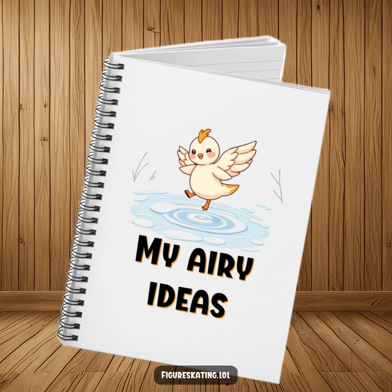 Funny notebook with a cheerful, winged creature elegantly twirling on a frozen pond, inspiring creativity.