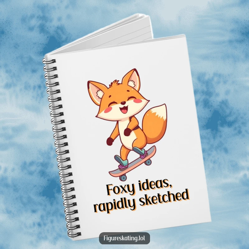 Funny Fox Notebook featuring a delighted cartoon fox skating backward with a big smile, perfect for note-taking.