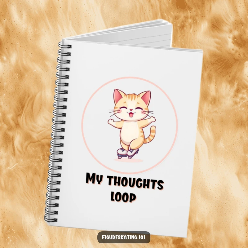 Funny notebook cover with a giggling cat skating gracefully in a wide circle, capturing feline joy and creativity.