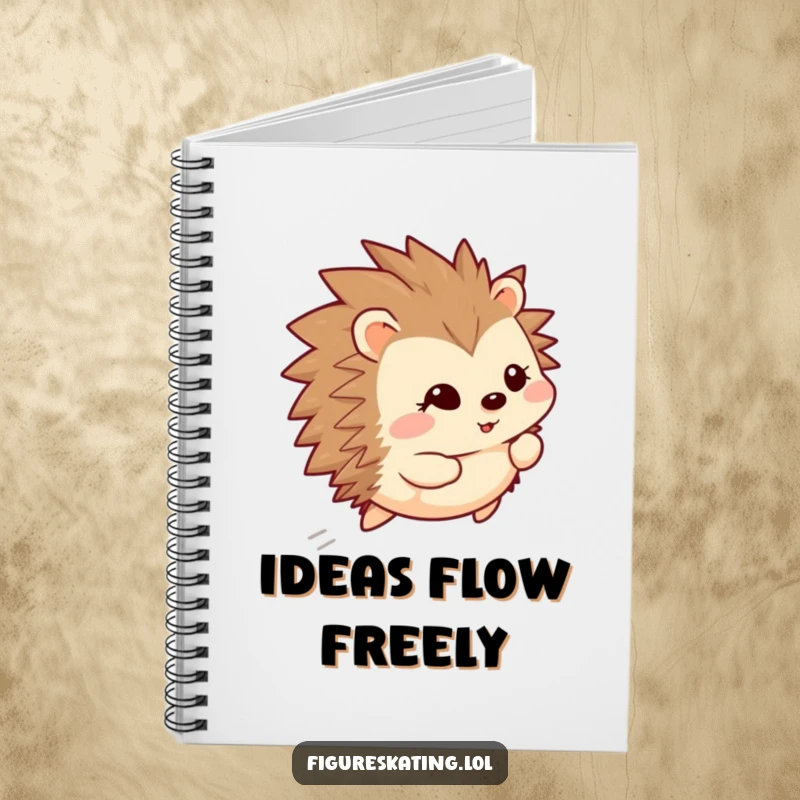 Funny happy hedgehog gliding backward with a shy smile on a notebook cover, inspiring happy journaling.