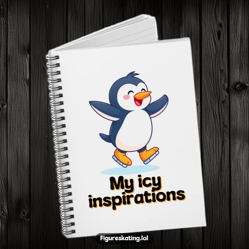 Funny notebook, joyful penguin twirling with arms outstretched on ice skates, for jotting down fun ideas and winter thoughts.