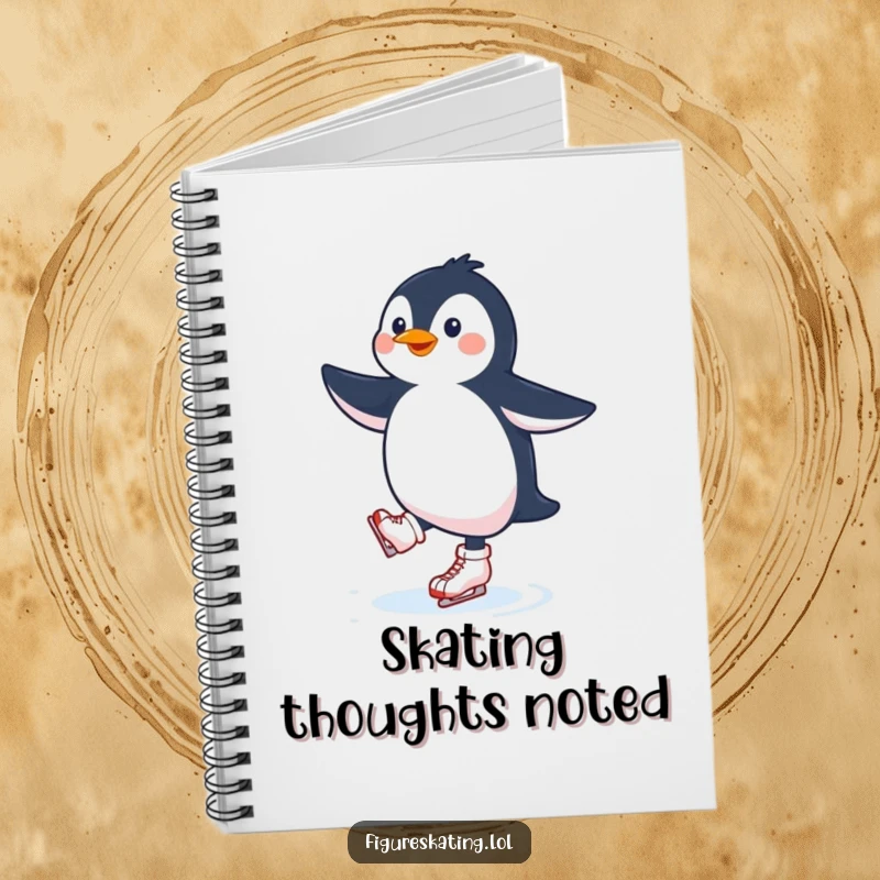 Funny penguin ice skating notebook featuring a joyful penguin mid-twirl, inspiring creativity and happy thoughts for note-taking.