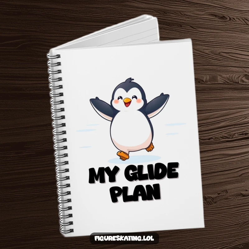 Funny notebook with a delighted penguin gliding across ice with arms outstretched, perfect for jotting down thoughts with cheerful flair.