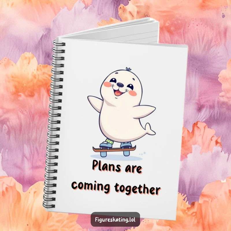 Funny Seal Skate Notebook, showing a curious seal balancing on one skate with a wide grin, perfect for journaling creative ideas with humor.