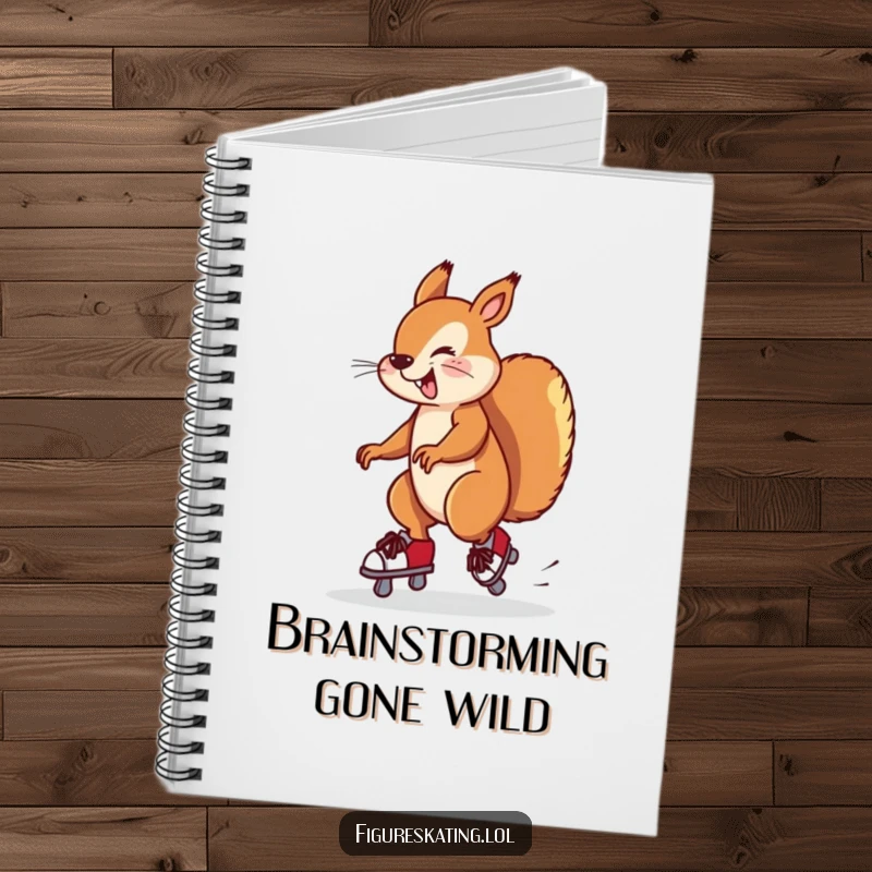 Funny notebook cover with a silly squirrel twirling on ice skates, about to fall. Whimsical design.