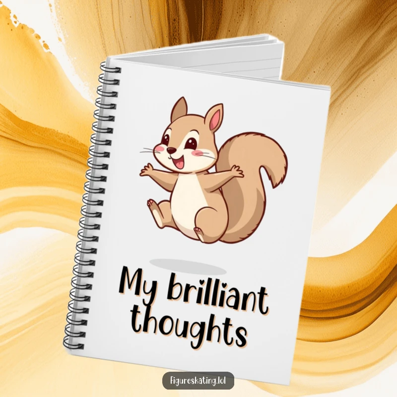 Funny notebook with a cheerful squirrel landing a perfect spin on one foot, ideal for jotting notes.