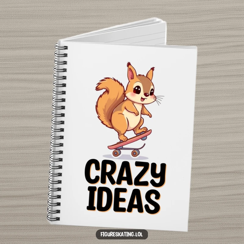 Funny notebook cover with a squirrel looking surprised while balancing on one skate, perfect for capturing ideas.