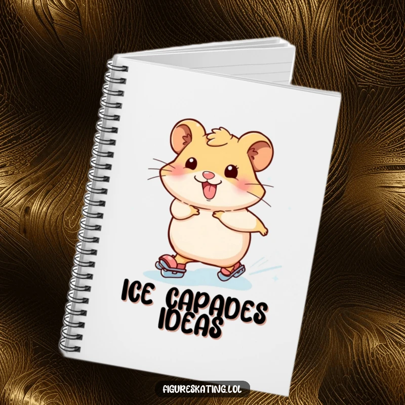 Funny hamster skating notebook with a cheerful hamster leaving a trail of icy sparkles, great for jotting down ideas with a touch of fun.