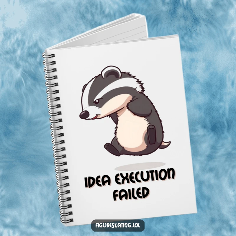 Funny notebook cover with a badger losing its balance during an ice skating spin, a whimsical design.