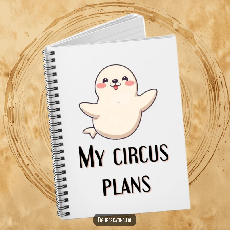 Funny notebook with a happy seal spinning gracefully on one flipper, perfect for jotting down brilliant ideas with aquatic charm.