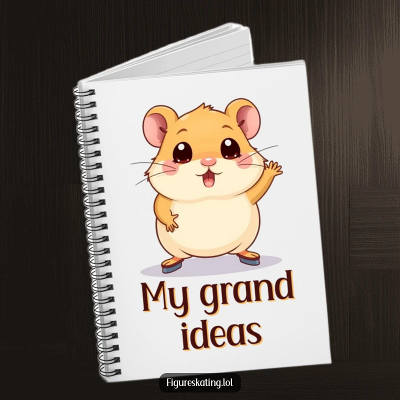 Funny hamster notebook with a plump hamster wide-eyed, attempting a figure skating pose, for jotting down humorous thoughts.