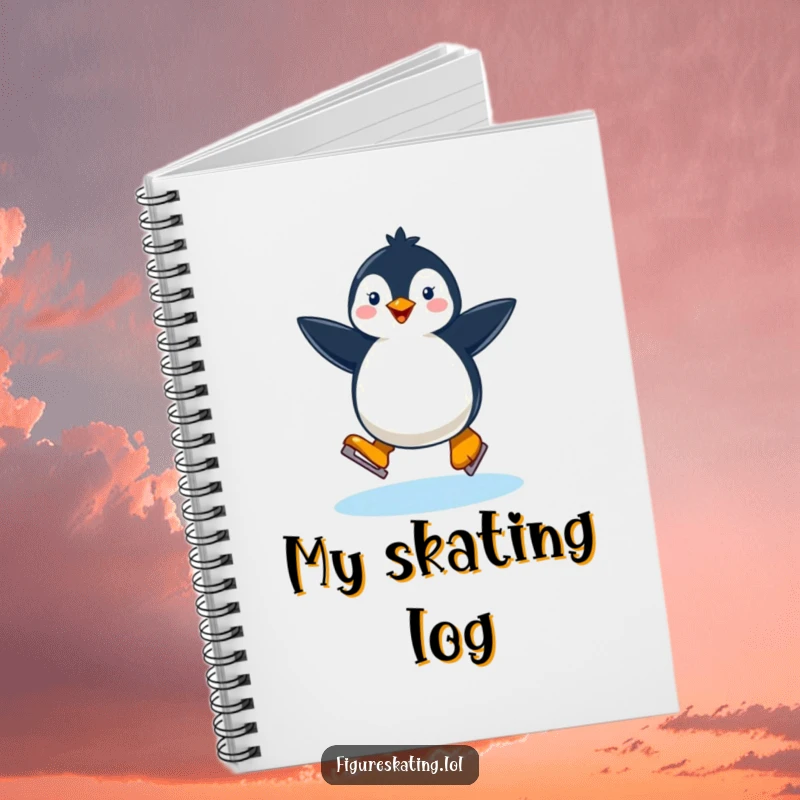 Funny happy penguin ice skating on a notebook cover, inspiring cheerful writing and winter dreams.
