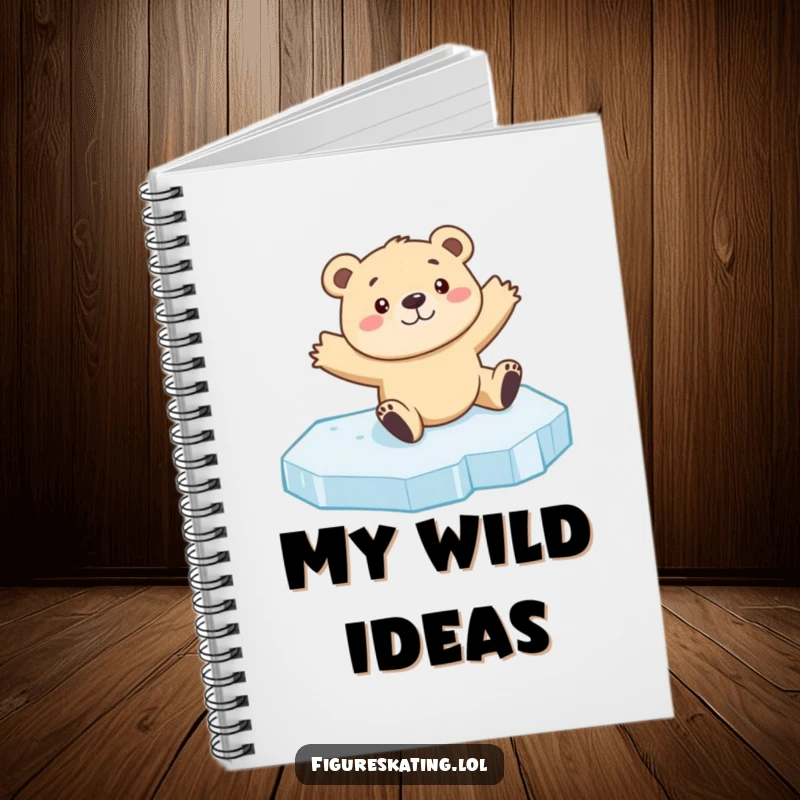 Funny bear cub ice skating notebook cover with a curious cub sliding on ice with arms outstretched, for humorous note-taking.