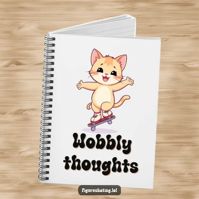 Funny kitten ice skating notebook cover with a happy kitten attempting a wobbly arabesque on one skate, for humorous note-taking.