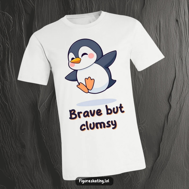 Funny t-shirt graphic of a shy penguin with a grin attempting a wobbly jump, radiating shy determination.
