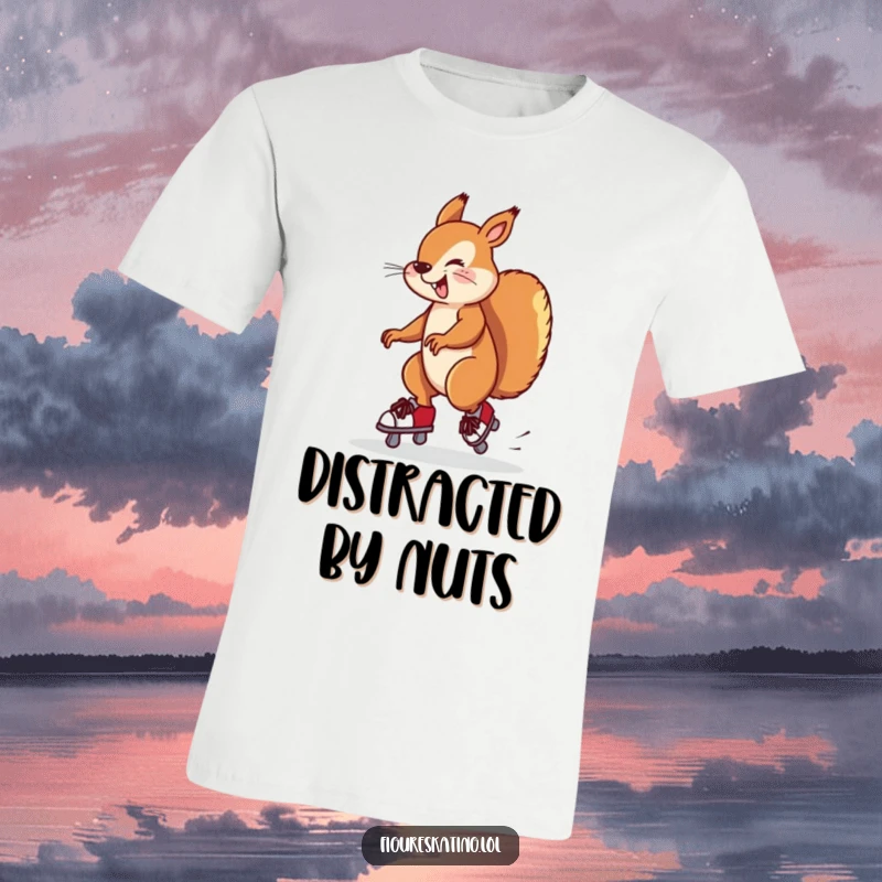 Funny t-shirt with a silly squirrel twirling on ice skates, comically close to falling. A humorous item.